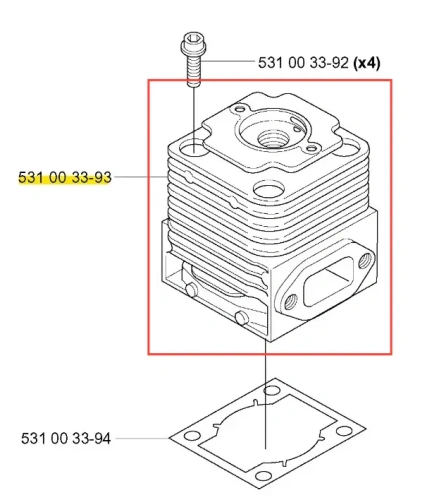 Cylinder dmuchawy 141B Husqvarna w widoku frontalnym. Produkt ma prostokątny kształt, jest wykonany z metalu, z wyraźnymi rowkami dla lepszego odprowadzania ciepła. Widoczne otwory montażowe i gniazdo na śrubę. W zestawie uszczelka dopasowująca.