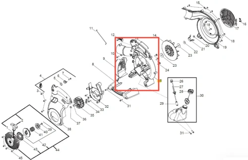 Spirala dmuchawy do modelu 125BVX Husqvarna, z widocznym mocowaniem, lekko zaokrąglona, wykonana z trwałego materiału. Ujęcie z boku, detale zamocowania są widoczne. Produkt przedstawiony w kontekście części zamiennej, na białym tle.