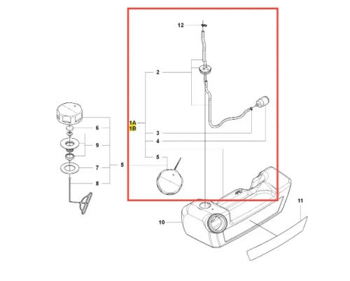 Zbiornik dmuchawy 150BF Husqvarna przedstawiony w zestawieniu technicznym. Na ilustracji widoczne elementy montażowe z numeracją, w tym pokrywa (6), uszczelki (7, 8, 9) oraz przewody (2, 3). Kolorystyka własna, tło jasne.