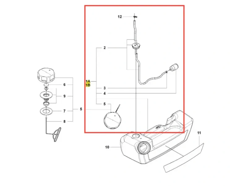Zbiornik dmuchawy 150BF Husqvarna przedstawiony w zestawieniu technicznym. Na ilustracji widoczne elementy montażowe z numeracją, w tym pokrywa (6), uszczelki (7, 8, 9) oraz przewody (2, 3). Kolorystyka własna, tło jasne.