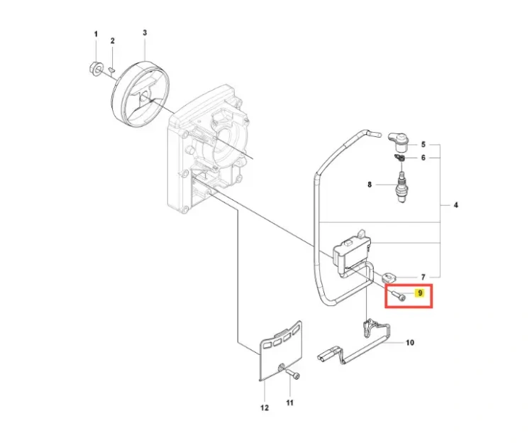 Śruba dmuchawy 150BF Husqvarna, metalowa, o prostokątnym kształcie, widoczna w zbliżeniu. Element został oznaczony numerem 9 na schemacie. Dobrze widoczne mocowanie oraz miejsce na śrubokręt. Tło schematu jest proste, białe.