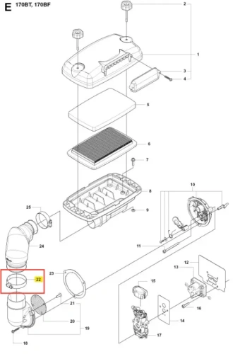 Zacisk dmuchawy 170BT Husqvarna na białym tle, w pozycji stojącej. Część okrągła, metalowa, w kolorze szarym, z wyraźnym oznaczeniem i numerem 22. Detale mocowania widoczne. Produkt skierowany na użytkowanie w narzędziach ogrodowych.