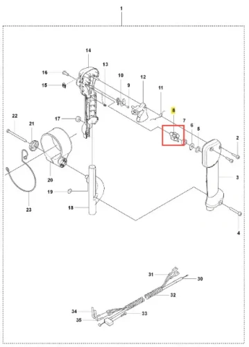 Regulator dmuchawy 150BT Husqvarna w układzie technicznym, prostokątny, szary, z tworzywa sztucznego, z mocowaniami i numerami części, montowany w mechanizmie.