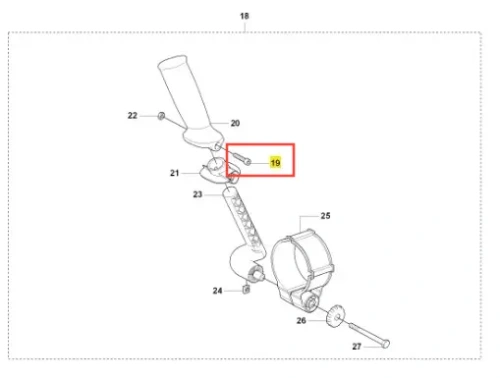 Śruba dmuchawy 170BT Husqvarna w zestawieniu z innymi częściami, przedstawiona z boku. Zawiera wyraźne oznaczenie numeru 19, metaliczny kształt, z gwintem, umieszczona w otworze montażowym. Wyraźne detale konstrukcyjne.