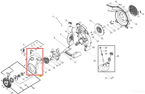 Osłona dmuchawy 125BVX Husqvarna w kolorze czarnym, wykonana z tworzywa sztucznego, z widocznymi detalami mocowania. Produkt przedstawiony w postaci schematu, z zaznaczeniem na czerwono. Kąt ujęcia ukazuje boki osłony z elementami montażowymi.