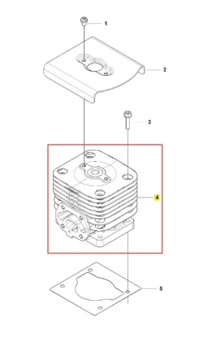 Cylinder dmuchawy Husqvarna 150BF z metalową, prostopadłościenną obudową, rowkami i otworami montażowymi, leżący na płaskiej powierzchni z elementami montażowymi obok.