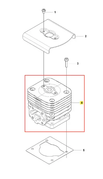 Cylinder dmuchawy Husqvarna 150BF z metalową, prostopadłościenną obudową, rowkami i otworami montażowymi, leżący na płaskiej powierzchni z elementami montażowymi obok.