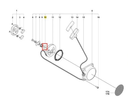 Podkładka dmuchawy 170BT Husqvarna, wykonana z metalu, w kolorze szarym. Produkt umieszczony w perspektywie technicznej, z widokiem izometrycznym, ukazujący szczegóły konstrukcji oraz mocowanie. Element centralny zaznaczony w czerwonym prostokącie.