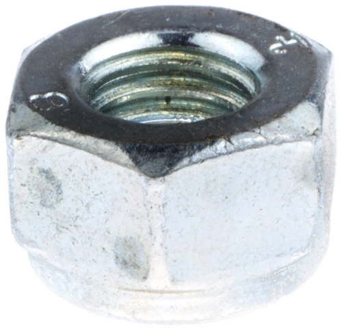 Nakrętka ridera R 111B Husqvarna, metalowa, w kolorze srebrnym. Widoczna od góry, z gwintem wewnętrznym, lekko matowa, w kształcie sześciokąta. Element montażowy, o solidnej konstrukcji, do zastosowań w sprzęcie ogrodowym.