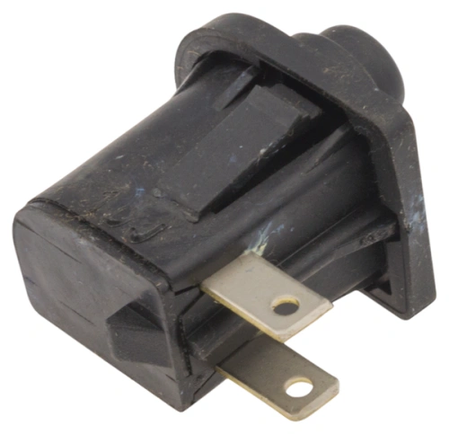 Wyłącznik ridera R112iC Husqvarna w kolorze czarnym, wykonany z tworzywa sztucznego, z widocznymi metalowymi stykami. Produkt przedstawiony z boku, leżący, ukazujący kształt prostokątny. Na obudowie widoczne są detale konstrukcyjne.