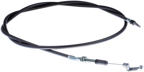 Przewód ridera R112iC Husqvarna w czarnym kolorze, elastyczny, z metalowymi końcówkami. Ułożony na szarym tle, pokazany w pozycji leżącej. Widoczne złącza, które mogą być istotne dla montażu. Długość przewodu wynosi około 2 metrów.