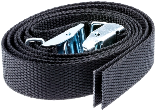 Pasek ridera R213C Husqvarna w kolorze czarnym, wykonany z wytrzymałego materiału tekstylnego. Ułożony w formie zwoju, z metalowymi klamrami do mocowania. Widoczne solidne sploty materiału. Produkt nowy, na jednolitym tle.