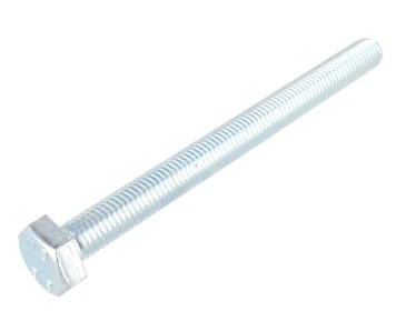 Śruba ridera R 112C Husqvarna, metalowa, ze srebrnym, błyszczącym wykończeniem. Prostokątny łeb, gwintowana część o długości około 10 cm. Ujęcie frontalne, leżąca na białym tle, bez dodatkowych elementów. Widoczne wzory na łbie.