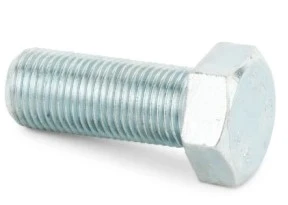 Śruba ridera R 112C Husqvarna, metalowa, cynkowana, sześciokątna główka, gwintowa, zbliżenie na bok, stojąca, przeznaczona do zastosowań w maszynach, na jednolitym tle, bez widocznych napisów.