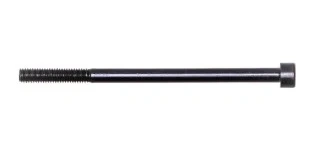 Śruba kołnierzowa R 112C Husqvarna, metalowa, czarna, o gładkiej powierzchni i prostokątnym łbie. Widok z boku, ukazujący długość i gwintowaną część, idealna do zastosowań w narzędziach i maszynach. Wysoka jakość wykonania.