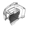 Osłona ridera R115B Husqvarna w widoku bocznym, prezentująca detal siatkowej struktury z przodu. Wykonana z tworzywa sztucznego, ma ergonomiczny kształt. Widoczne uchwyty montażowe oraz osłona ułatwiająca użytkowanie. Tło białe.