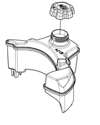 Zbiornik paliwa ridera R 112C Husqvarna w kolorze czarnym. Widok z góry, z detalem pokrywy, wykonanego z tworzywa sztucznego. Zawiera mocowania, gwint do montażu oraz logo producenta. Element ma nowoczesny kształt, bez widocznych uszkodzeń.