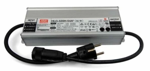 Zasilacz LED HLG-320H-54A o metalowej obudowie, szary, z wyraźnymi oznaczeniami na etykiecie. W przewodzie widoczna wtyczka, a serial port oraz dwa przyciski. Poziome ułożenie, na jednolitym tle. Akcesoria montażowe nieobecne.