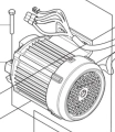 Silnik ridera Husqvarna R112iC w układzie izometrycznym, z szarą obudową i cylindrycznymi żeberkami chłodzącymi, okrągły wlot powietrza z siatką z przodu, przewody elektryczne ułożone z góry, solidne jednostronne mocowanie.