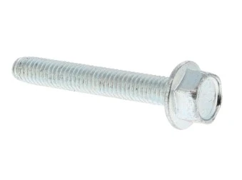 Śruba ridera R112iC Husqvarna w metalicznym, stalowym kolorze. Z widocznym gwintem, cylindrycznym kształtem i sześciokątnym łbem. Produkt leży na białym tle, prezentując szczegóły konstrukcji i fakturę materiału.