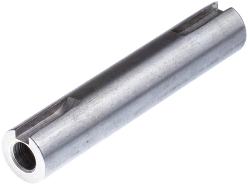 Trzonek ridera R213C Husqvarna w srebrnym kolorze, o cylindrycznym kształcie i matowej powierzchni. Widoczny gwint wewnętrzny oraz rowki na zewnętrznej stronie. Produkt leżący, w zbliżeniu, na jednolitym tle.