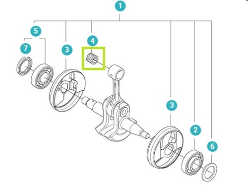 Łożysko tłoka do pilarek Husqvarna 560XP, 562XP, 450e, 555, 445; metaliczne, cylindryczne, z detalami mocowania, widok z boku na jednolitym tle, podkreślającym szczegóły montażu.