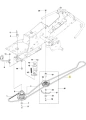 Schematu montażu paska ridera R213C Husqvarna. Na ilustracji widoczne są kluczowe elementy, w tym główny pasek (kolor metaliczny), rolka prowadząca oraz mocowania. Szkic przedstawia szczegóły konstrukcyjne i położenie części.