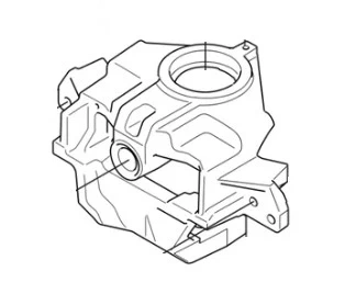 Wrzeciono ridera R200iX Husqvarna w rysunku technicznym, z ostrymi krawędziami, przestrzennym zarysem, segmentacją i otworami montażowymi. Brak dodatkowego kontekstu.