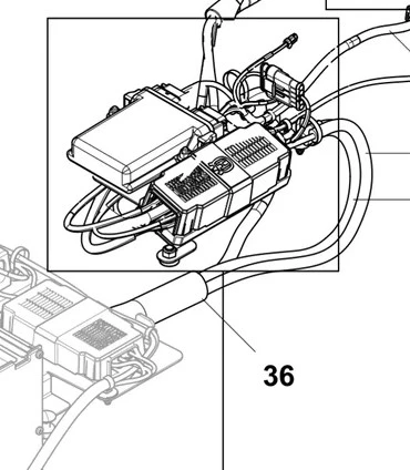 Osłona węża Ridera R200iX Husqvarna z góry, zielona z teksturą, widoczne przewody, złącza i oznaczony numerem 36 element elektroniczny na prostym tle.