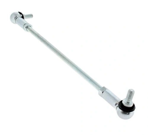 Metaliczny drążek regulacyjny ridera R213C Husqvarna, prostokątny, z kulistymi mocowaniami i elastomerowymi osłonami, z gwintowanymi końcówkami do regulacji, leżący na białym tle, widok frontalny.