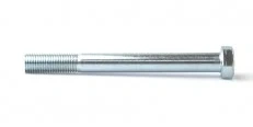 Śruba ridera R213C Husqvarna, mosiężna, o gładkiej, metalicznej powierzchni i standardowej długości, z szesnastokątną główką. Ujęcie z boku, umożliwiające dokładne zobaczenie gwintu oraz detali konstrukcji. Na prostej, białej powierzchni.