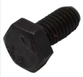 Śruba sześciokątna M6x12, czarna, metalowa z gwintem 12 mm. Widok boczny ukazuje główkę i gwint. Nowa, bez napisów, do budownictwa i mechaniki.