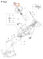 Śruba ridera R 111B Husqvarna, metalowa, srebrna, o cylindrycznym kształcie, z gwintem. Widoczna z boku w schemacie montażowym, podkreślona dla uwagi. Element montażowy, kluczowy dla instalacji w systemie kierowniczym. Prosta biała grafika na tle.