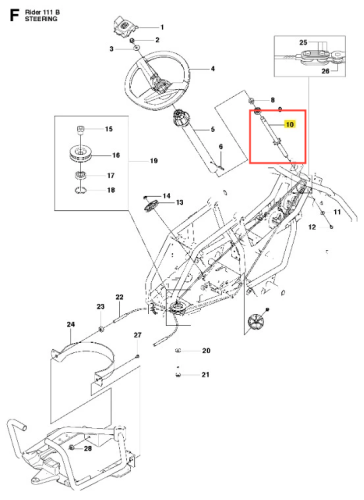 Drążek kierowniczy R 111B Husqvarna w schemacie, z numerem 10 na czerwono. Metalowy, prostokątny element z numerami identyfikacyjnymi, otoczony innymi częściami układu kierowniczego.