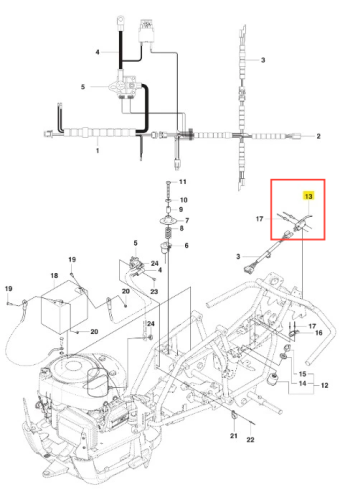 Wyłącznik ridera R 112C Husqvarna, widoczny z boku, pokazujący jego kształt i łącza. Kolor czarny, z metalowymi detalami. Zawiera dwa przewody elektryczne i oznaczenie z numerem 13 w żółtym kwadracie. Element montowany do ramy urządzenia.