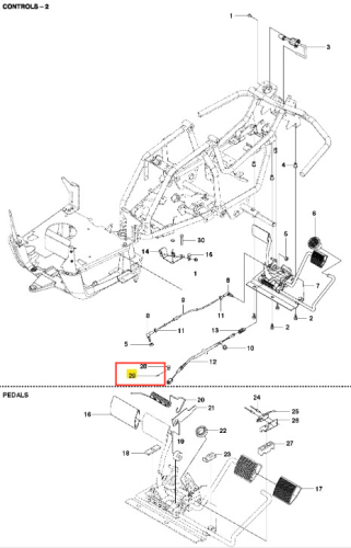 Zawleczka metalowa R 112C Husqvarna w kolorze żółtym, prostokątna z otworami montażowymi, zamontowana przy pedałach. Tło białe.