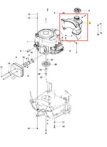 Zbiornik paliwa do ridera R 112C Husqvarna, wykonany z tworzywa sztucznego, w kolorze czarnym. Widok z góry pokazuje otwór wlewu oraz mocowania. Element występuje w kontekście montażu silnika, z widocznymi detalami mocujących gniazd i oznaczeń.