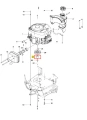 Rura ridera R 112C Husqvarna, widok z góry; metalowe, plastikowe i gumowe elementy, mocowania, otwory. Zaznaczone: nr 21 okrągły z wcięciem, nr 20 część mechanizmu.