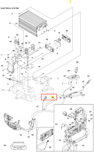 Wyłącznik ridera R112iC Husqvarna na jasnym tle, czarny plastik, oznaczony numerem 26, z widocznymi połączeniami elektrycznymi i detalami montażowymi.
