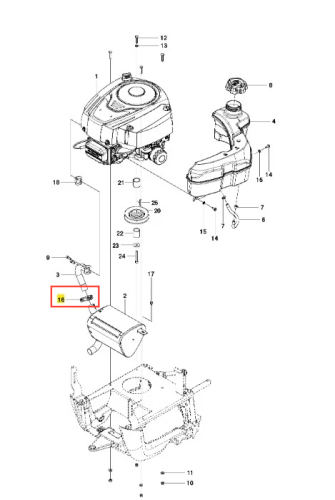 Zacik złożenie ridera R115B Husqvarna. Zbliżenie na element montażowy z metalowego materiału, widoczny z boku. Część oznaczona numerem 16, z mocowaniem. Tło jest proste, białe, co podkreśla szczegóły detalu.