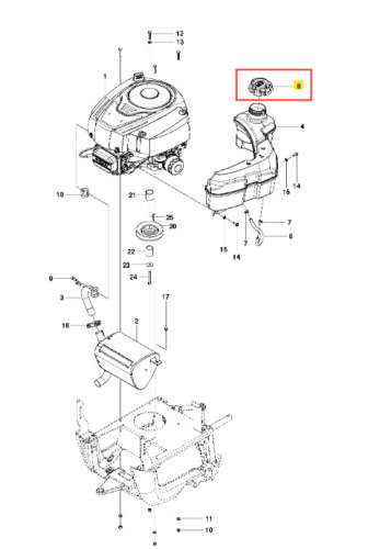 Zakrętka paliwa do modelu R120C Husqvarna, okrągła, wykonana z tworzywa sztucznego. Na górnej części widoczny oznaczony otwór do nalewania. Srebrny kolor, matowa powierzchnia. Produkt umieszczony na białym tle.