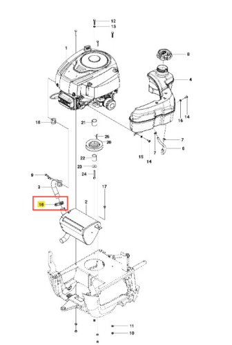 Zacik złożenie ridera R120C Husqvarna w pokazanej pozycji z bliska, widoczny element łączący, metalowy, w kolorze srebrnym, z nakrętką. Produkt umieszczony na tle schematu montażu, który ułatwia identyfikację części.