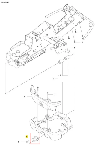 Zaczep ridera R200iX Husqvarna, metalowy element w kształcie prostokąta, z wyprofilowanym końcem. Szczegółowy rysunek techniczny ilustrujący montaż w ramie, widoczny z boku. Oznaczenie numerem 5, na białym tle z innymi częściami.
