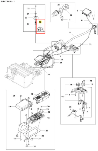 Wyłącznik ridera R200iX Husqvarna w kolorze czarnym, zamontowany na jednostce sterującej. Z przodu widoczne oznaczenia i gniazda. Produkt w pozycji poziomej z widocznym połączeniem elektrycznym. Tło białe, podkreślające detale wyłącznika.