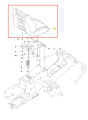 Fotel R200iX Husqvarna w widoku z góry, przedstawiający ergonomiczną, lekko zaokrągloną poduszkę w kolorze czarnym. Na oparciu widoczna jest nazwa marki oraz ikonka. Elementy montażowe wokół poduszki oraz szkic konstrukcji podtrzymującej.