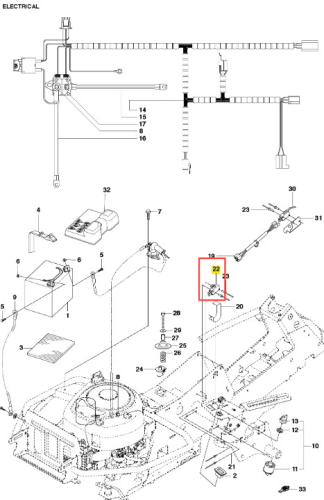 Wyłącznik ridera R213C Husqvarna w zbliżeniu, montowany, z widoczną obudową oraz oznaczeniem modelu. Kolor czarny, wykonany z plastiku. Produkt przedstawiony na schemacie z urządzeniem, w otoczeniu elementów elektrycznych.