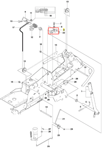 Zespół łącznika ridera R213C Husqvarna, metalowa konstrukcja montażowa, widok frontalny, z detalami mocowań i oznaczeniami, służy do stabilizacji podzespołów. Elementy ruchome zaznaczone, w całości nowy, na białym tle techniczne.