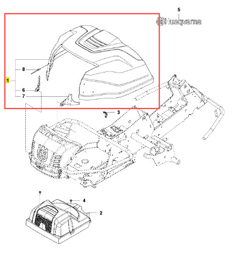 Zespół maski silnika ridera R213C Husqvarna, w kolorze szarym, pokazany z góry, z wyraźnymi konturami i szczegółowym wykończeniem. Widoczne miejsce na mocowanie oraz logo Husqvarna. Element lekko wypukły, bez zbędnych dekoracji.