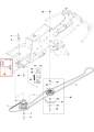 Prowadnik pasa ridera R213C Husqvarna, metalowy element w kształcie litery L z mocowaniem, umieszczony na schemacie. Widoczny zestaw śrub mocujących oraz otwory do montażu, z wyraźnymi oznaczeniami technicznymi.