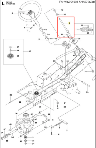 Drążek kierowniczy R213C Husqvarna, metalowy, prosty, w kolorze szarym. Ujęcie boczne pokazuje szczegóły mocowania oraz oznaczenia numeru części. Widoczny jest również mechanizm wewnętrzny i przewody. Tło neutralne, białe.